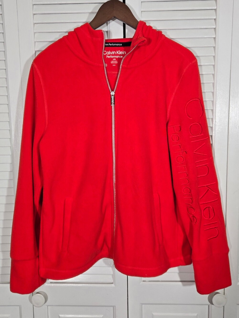 Calvin Klein Performance Full Zip Fleece Red Embroidered Logo Hoodie Jacket Sz L